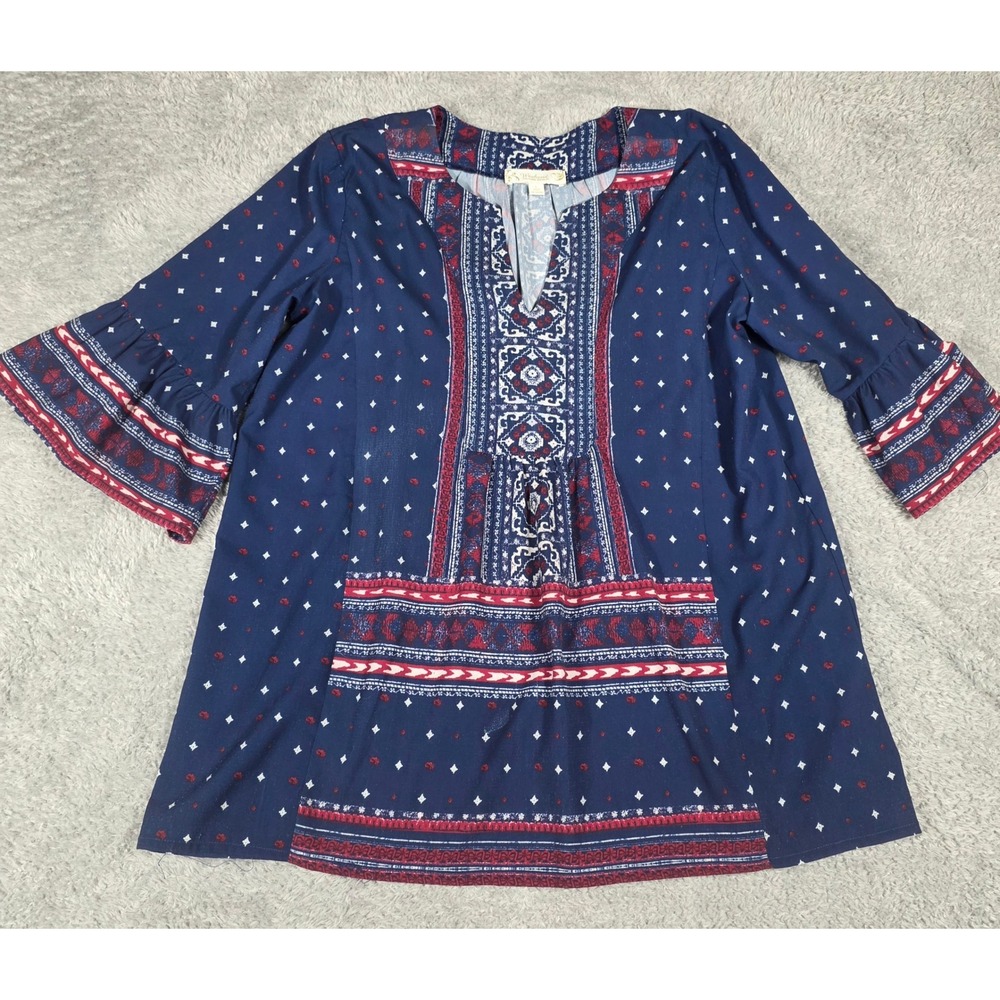 Suzanne Betro Tunic Women L Navy Blue Good Boho Bell Sleeve V-Neck U9501401